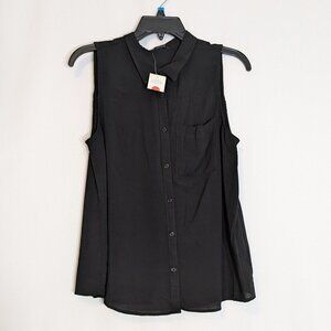 NEW LOOK Black Rayon Sleeveless Collared Button Blouse; Back Buttons; Size 12